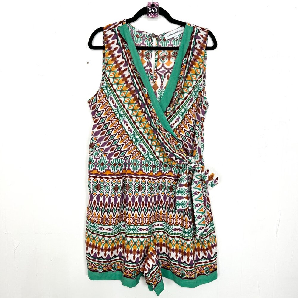 48. Emma & Michele Romper Green Colorful Aztec Print Faux Wrap Pockets XL